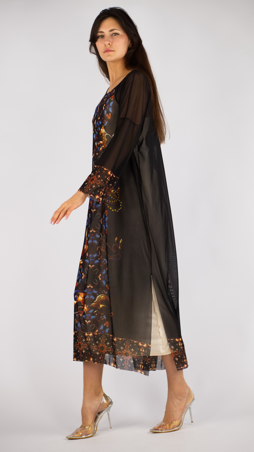 Платье-туника из сетки "Загадки скифов", принт по мотивам скифских татуировок, по материалам раскопок Пазырыкских курганов