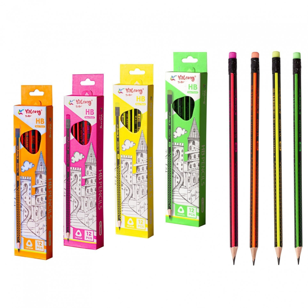 Набор ч/г карандашей, Yalong HB, "Сказочный замок", дерево, с ластиком, трехгранный, заточенный, ассорти, 12шт/уп, европодвес