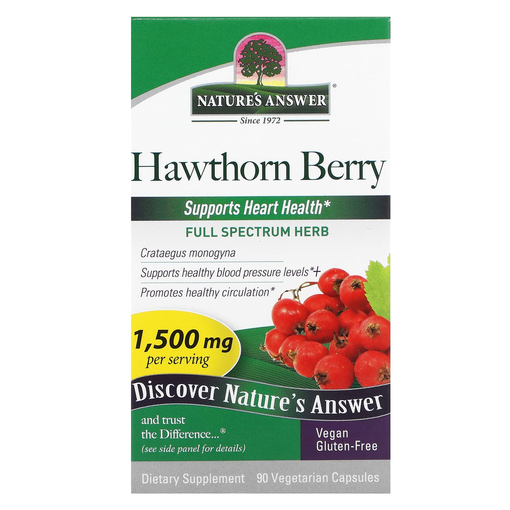 Nature's Answer, боярышник, 90 вегетарианских капсул (500 мг в 1 капсуле)