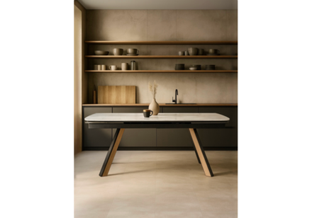 Керамический стол Woodville Симмонс 180(260)x90 statuario titan gloss, черный, орех дуб монтана