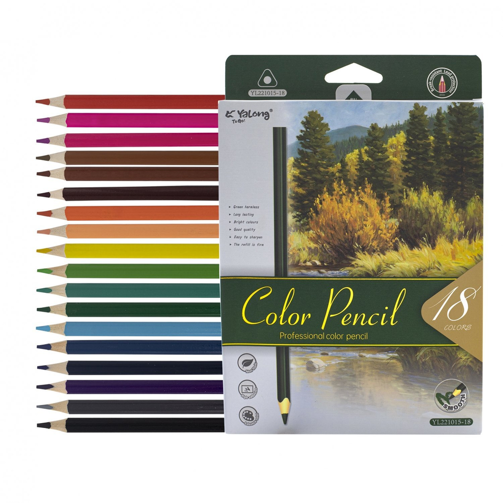 Карандаши цветные Yalong 18 цв., "Этюд" деревянные, трехгранные, заточенные, грифель 3.0 мм, картон. уп., европодвес
