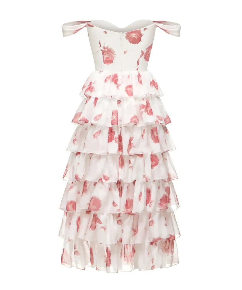 Lisen, платье корсетное миди, из шифона молочное с крупными светло-розовыми цветами