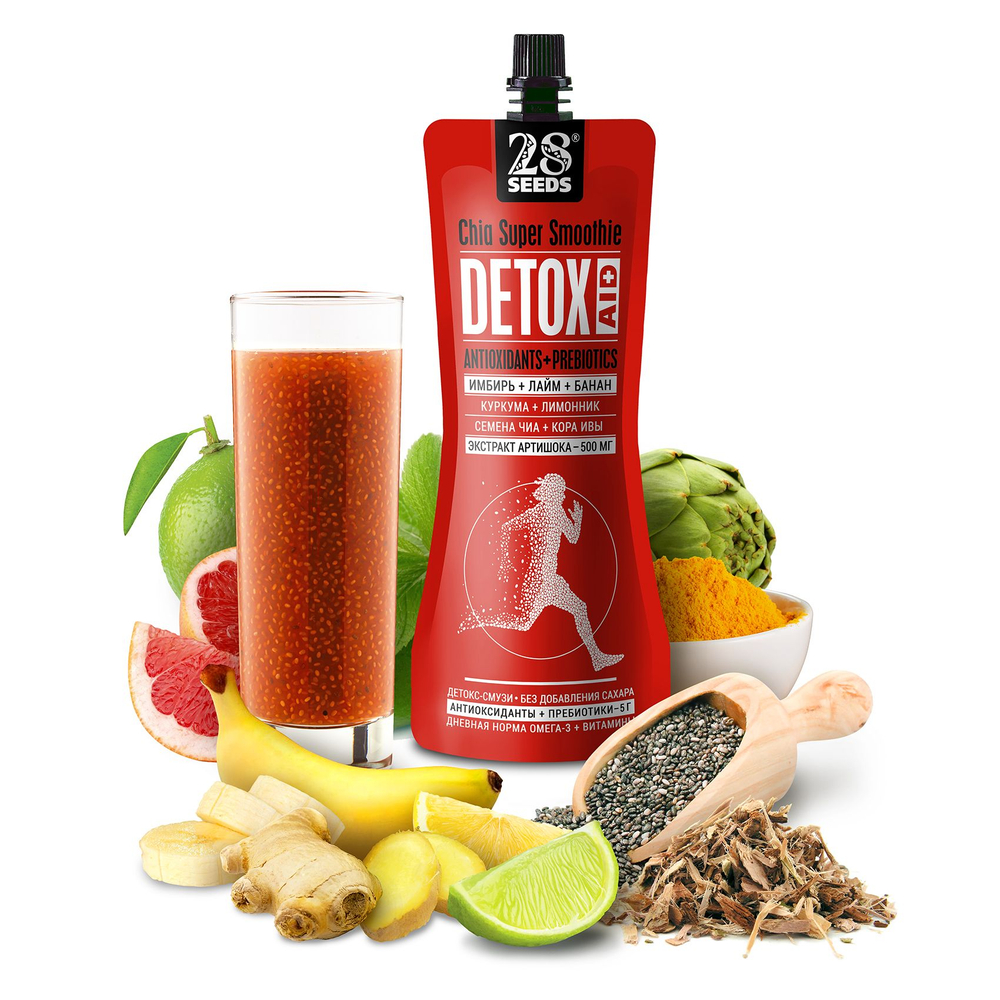 Супер-смузи 28SEEDS, смузи без сахара Чиа ДЕТОКС Имбирь + Лайм + Банан, пп