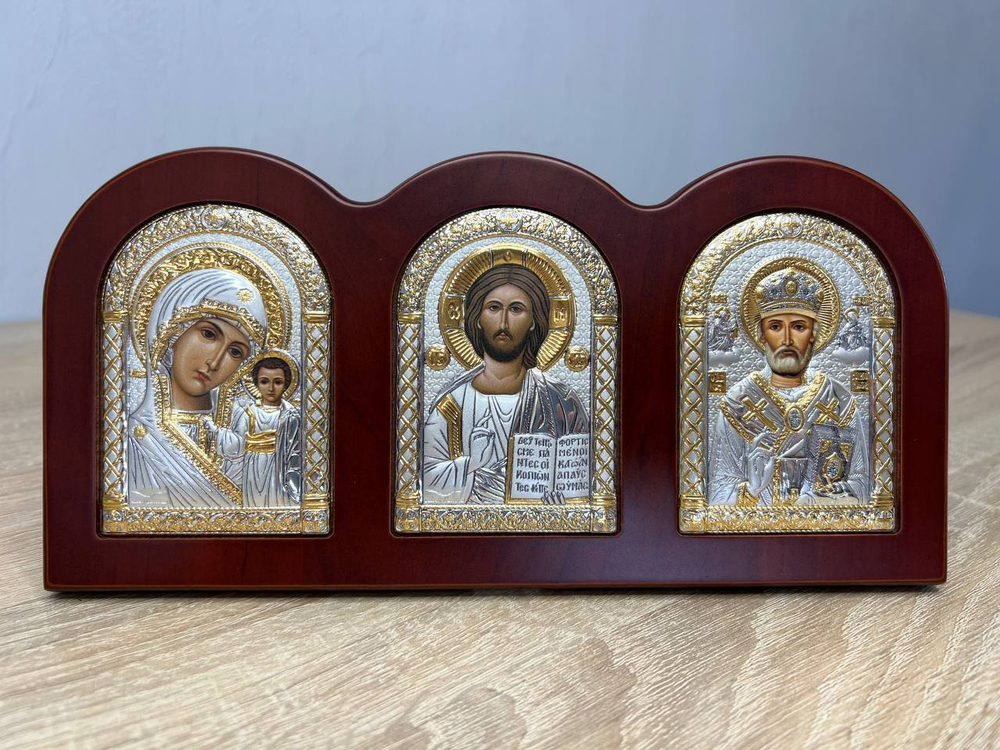 Триптих, Спаситель, Казанская БМ, Николай Чудотворец, икона, красное дерево 115х230