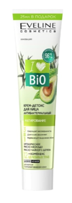Eveline КРЕМ-ДЕТОКС ДЛЯ ЛИЦА АНТИБАКТЕРИАЛЬНЫЙ - МАТИРОВАНИЕ серии I LOVE BIO КОМПЛЕКС 12 ЦЕЛЕБНЫХ ТРАВ, 125мл