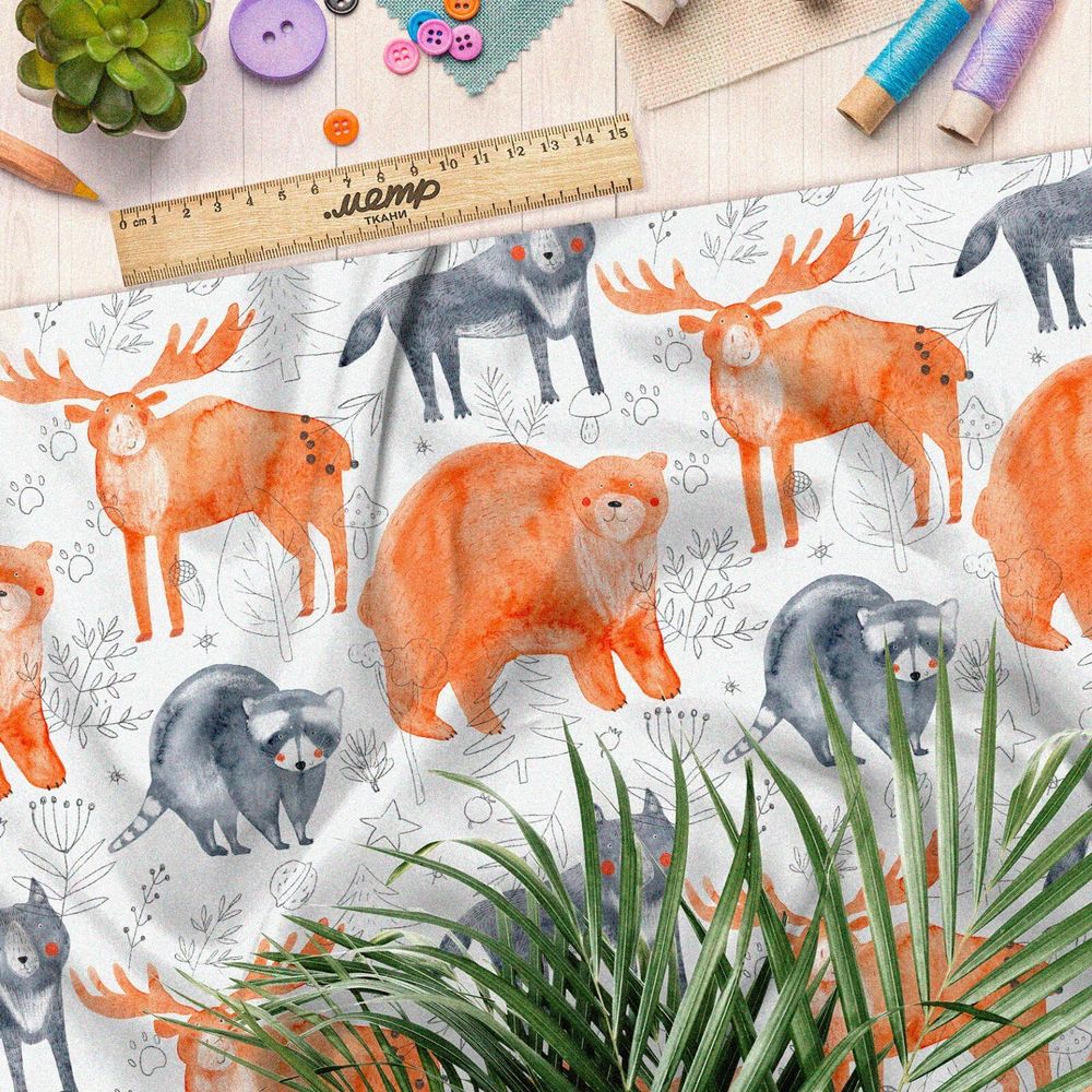 Ткань атлас сказочные болшие лесные звери