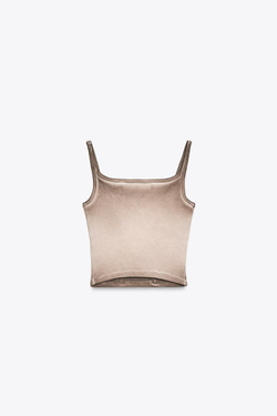 ZARA УКОРОЧЕННЫЙ ТОП В РУБЧИК, СЕРОВАТО-КОРИЧНЕВЫЙ