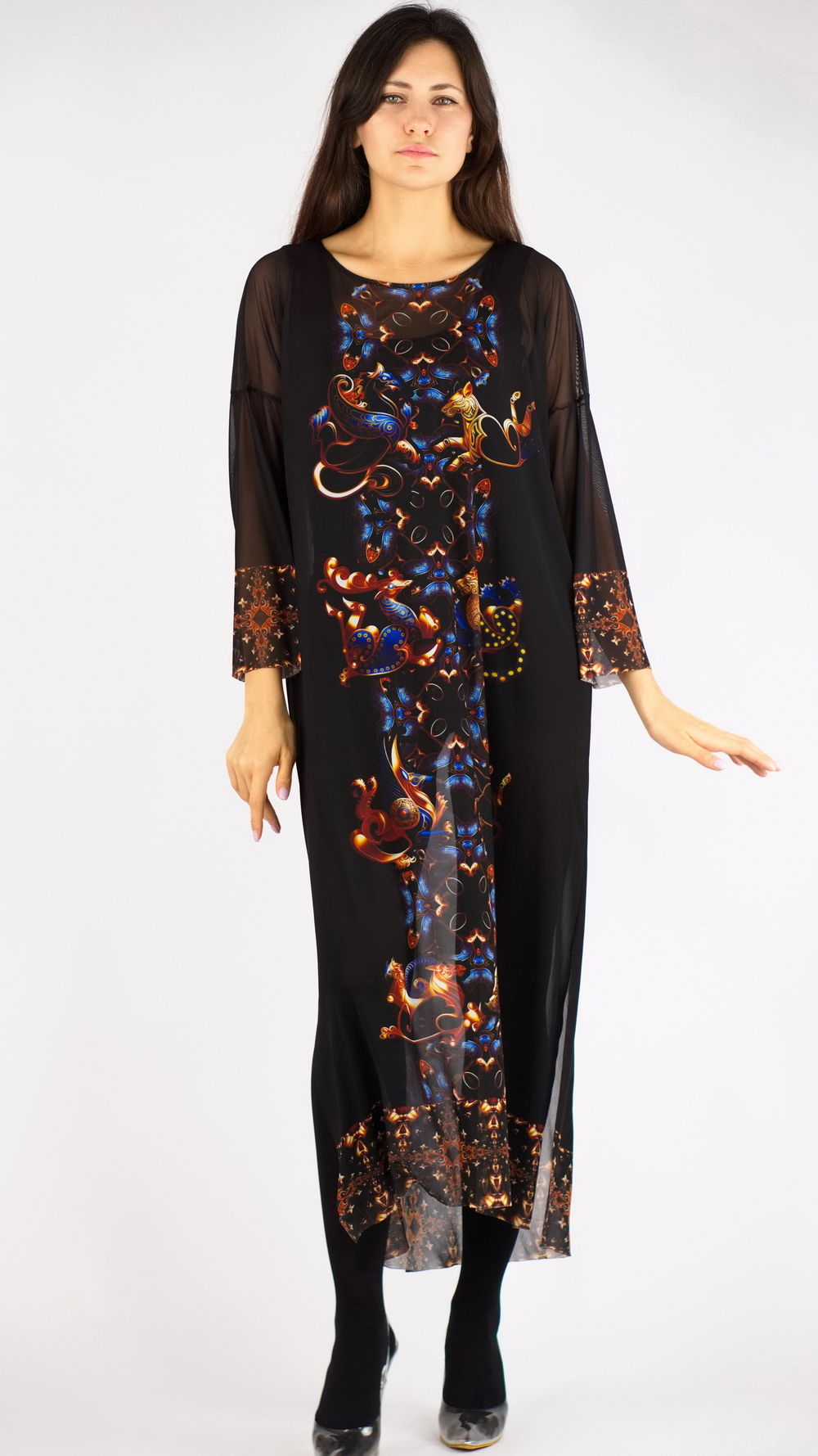 Платье-туника из сетки "Загадки скифов", принт по мотивам скифских татуировок, по материалам раскопок Пазырыкских курганов