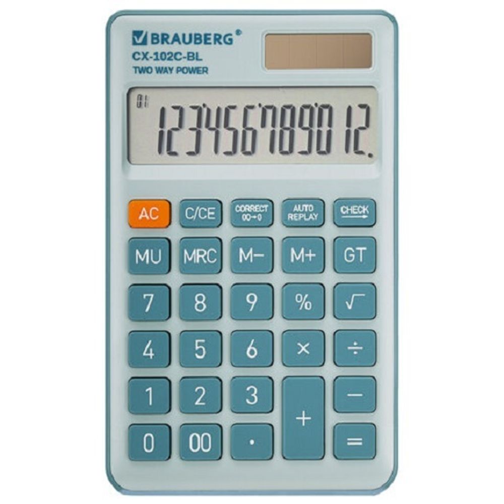 Калькулятор карманный Brauberg, 12 разрядов, CX-102C-BL, двойное питание, 76х126х9мм, голубой