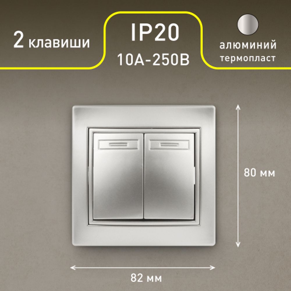 Выключатель Intro Plano 1-104-03 двухклавишный, 10А-250В, IP20, СУ, Plano, алюминий