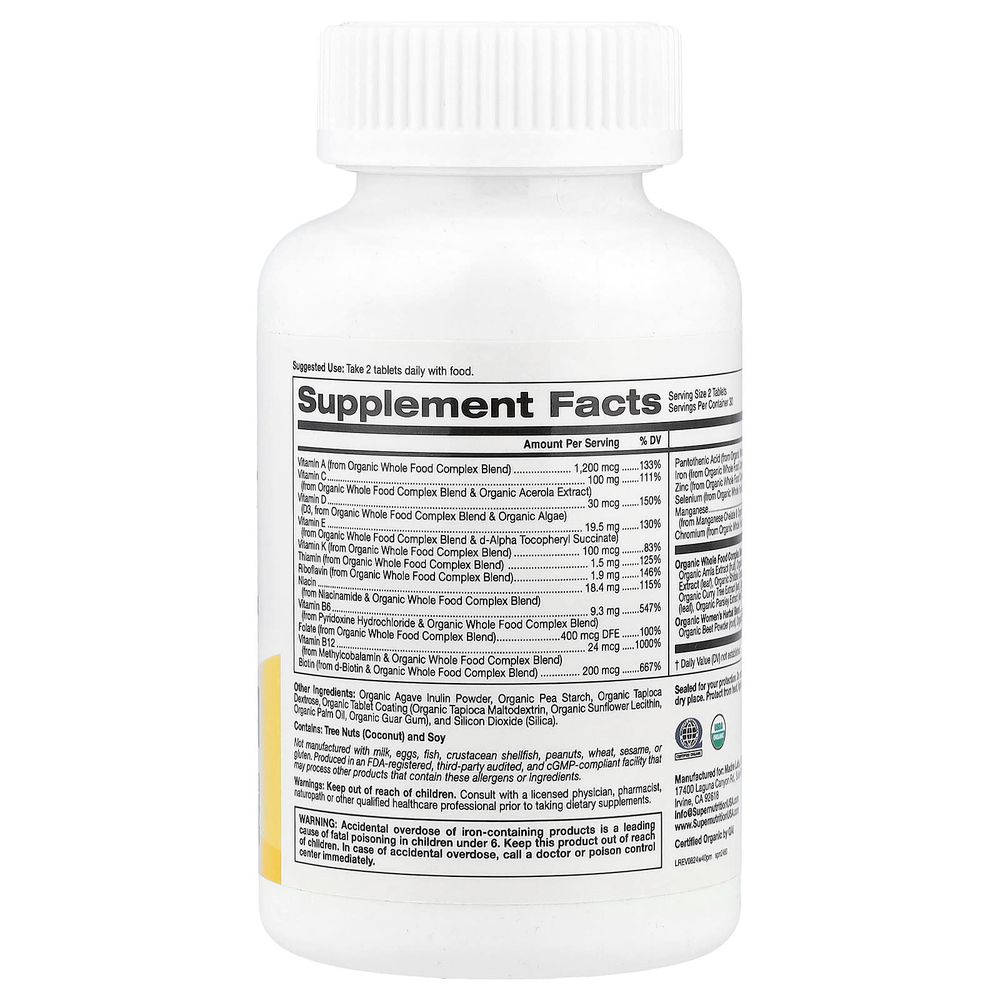 Super Nutrition, мультивитамины из органических цельных продуктов для женщин старше 40 лет, с экстрактами органической амлы, органического подсолнечника, органической моринги и органического шиитаке, 60 таблеток