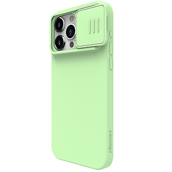 Чехол с MagSafe и с шелковистым покрытием ярко-зеленого цвета (Mint Green) от Nillkin для iPhone 15 Pro Max, серия CamShield Silky Magnetic Silicone Case