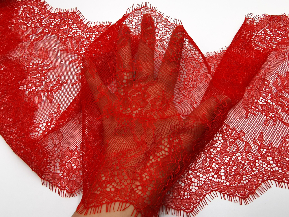 Кружево шантильи, ОПТ, с ресничками, красный, 23 см, купон, SK-2403, купон (3м)