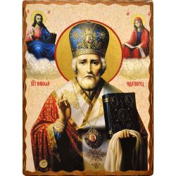 Николай Чудотворец с предстоящими. Афонская икона под старину с мощевиком. 30 х 42 см.