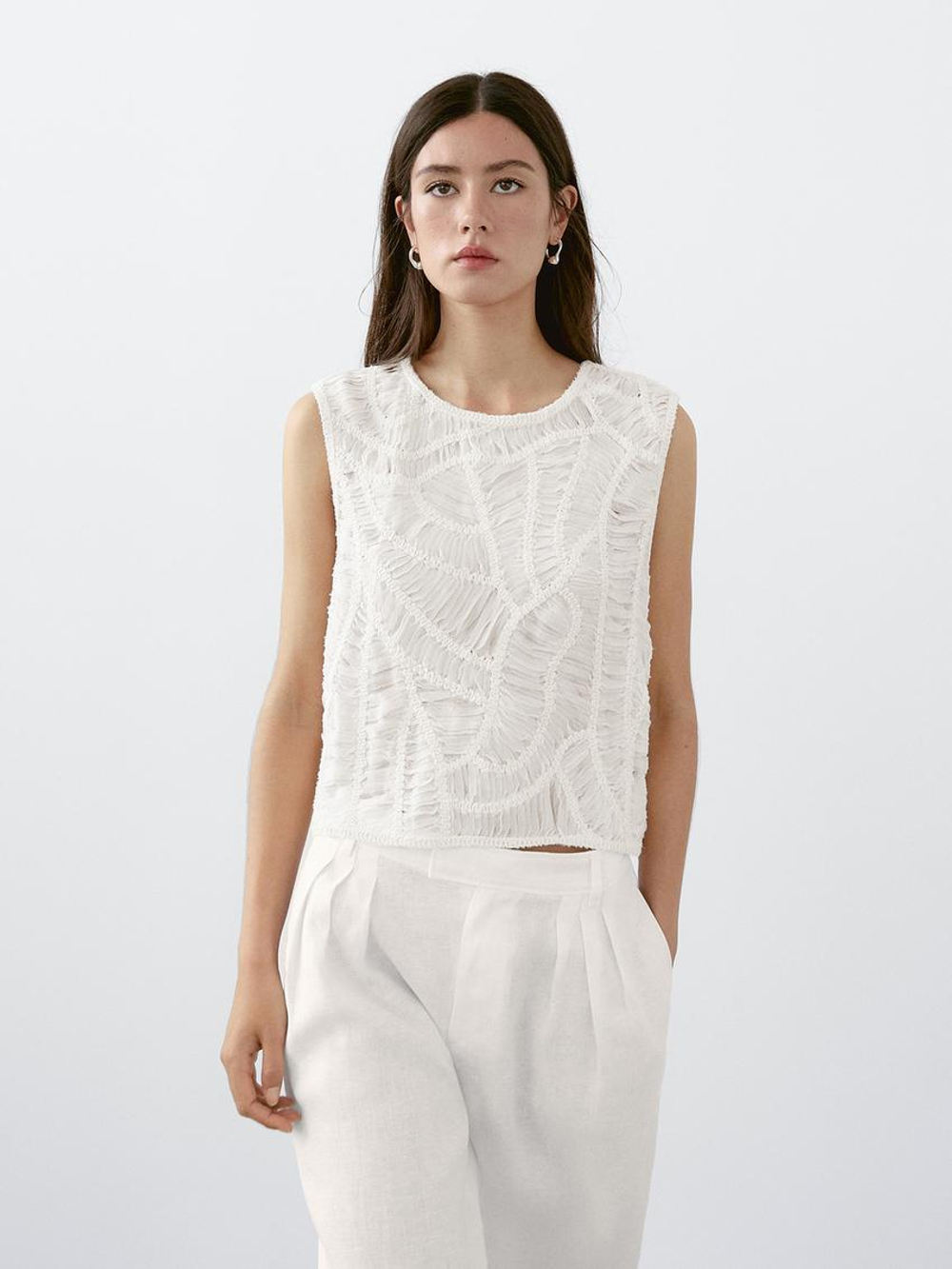 Massimo Dutti Топ из кружева кроше ажурной вязки с цветочным принтом, кремовый