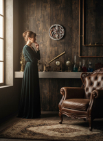 Настенные часы WOODandROOT Automaton 1277 Tourbillon с открытой механикой в атмосферном винтажном интерьере, где женщина стоит у окна.