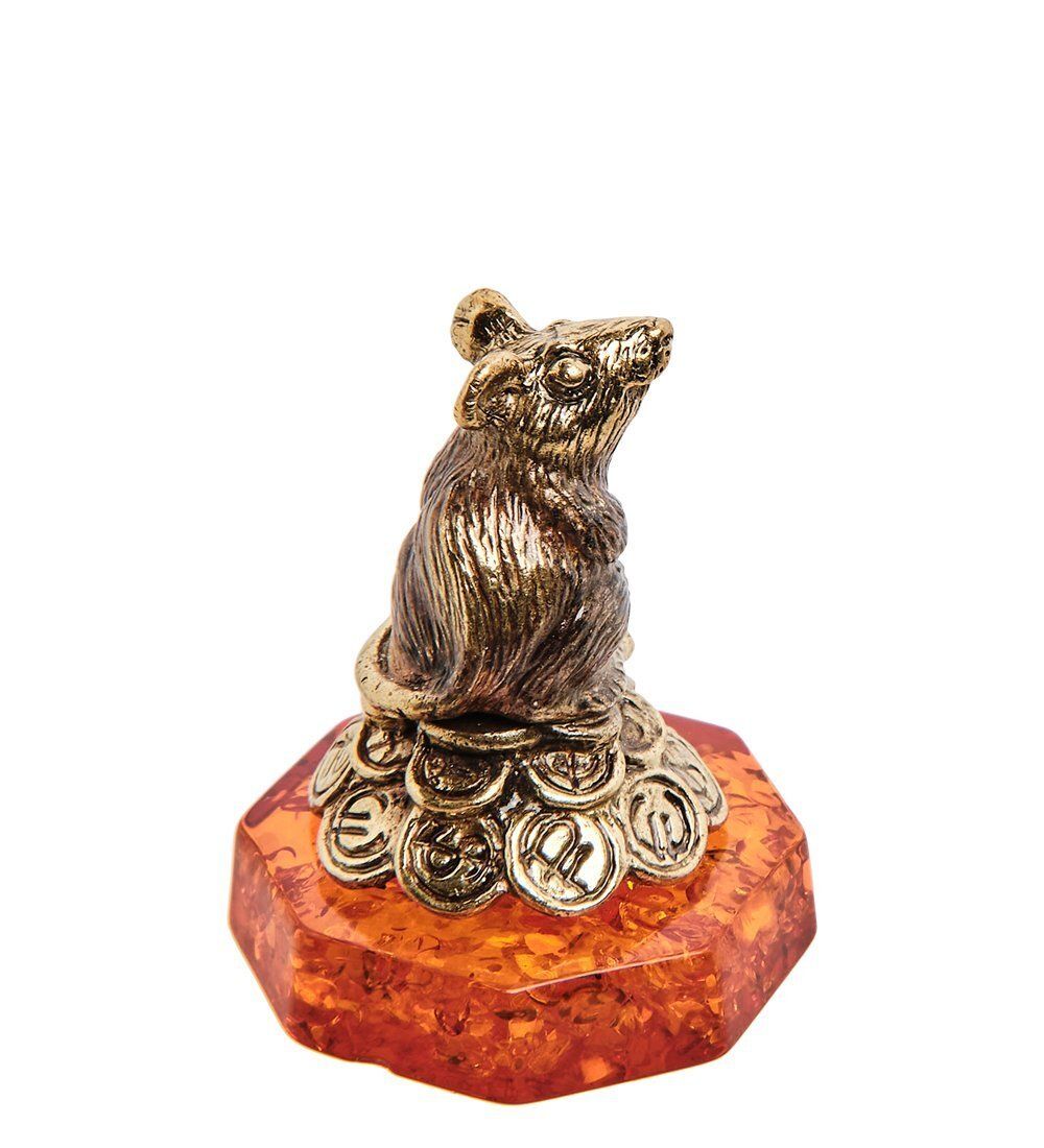 Народные промыслы AM- 462 Фигурка «Мышь денежная на монетах» (латунь, янтарь)