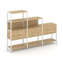 Shelf System Трехсекционный стеллаж четырех/трех/двухярусный с ящиками SN.STM-431 Тиквуд Светлый/Мет
