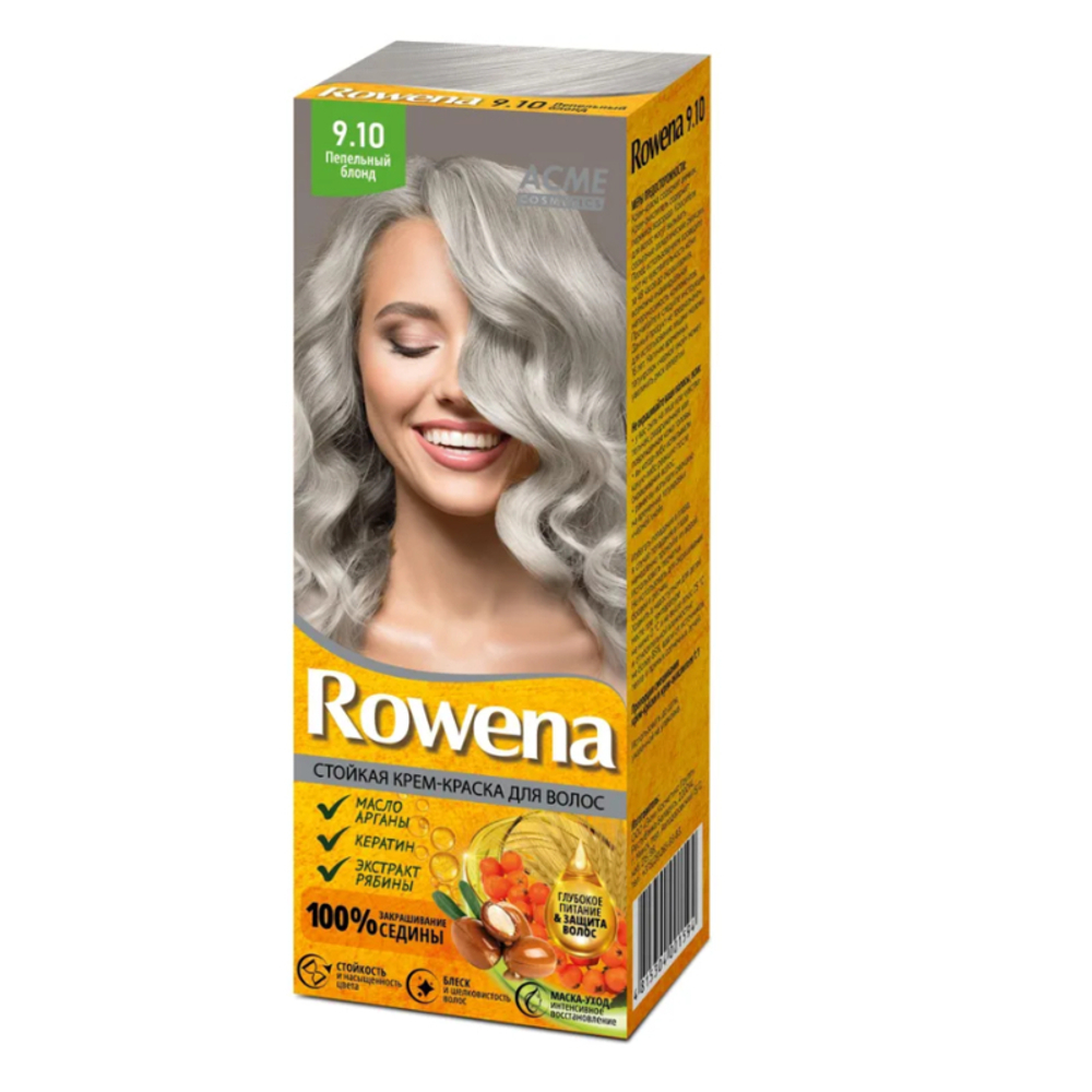 "ROWENA" Стойкая Крем-краска для волос тон 9,10 Пепельный Блонд (100% закрашивание седины) 115 мл