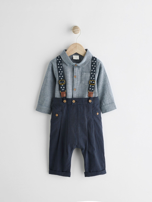 Боди с длинным рукавом и брюки на подтяжках в комплекте для малышей Next Q96-750, Темно-синий