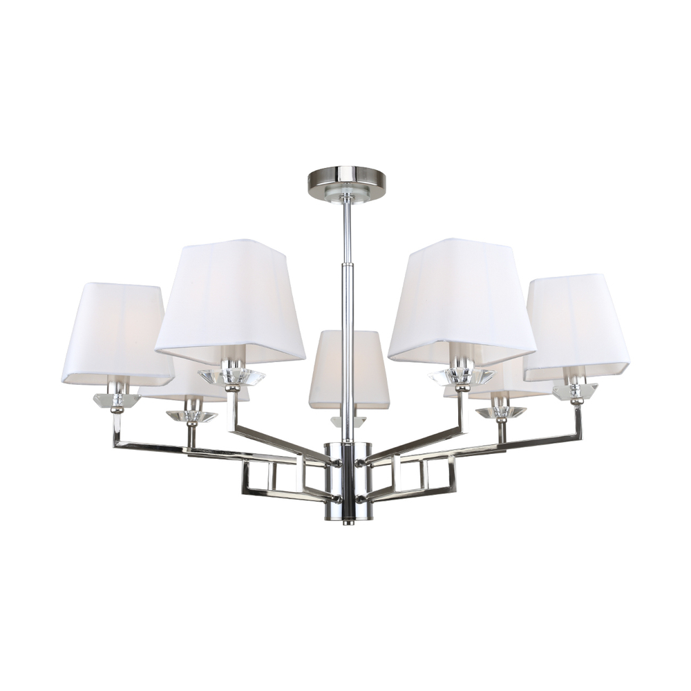 Люстра на штанге 7x40Вт E14, металл/ткань/хрусталь, никель, белый плафон, прозрачный хрусталь