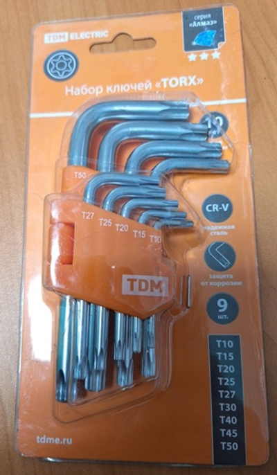 318_ Набор ключей "TORX" с отверстием 9 шт: Т10-Т50 (держ. в блис6 мм, пласт.корпус, "Гранит" TDM арт. SQ1021-0102, ш/к 4690259273056