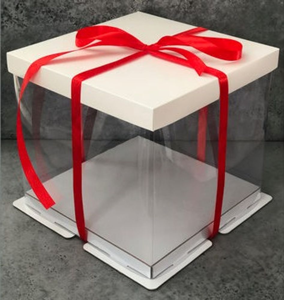 Коробка для торта Премиум прозрачная белая с пьедесталом 30х30х28 Коробка для торта Премиум прозрачная белая с пьедесталом 30х30х28