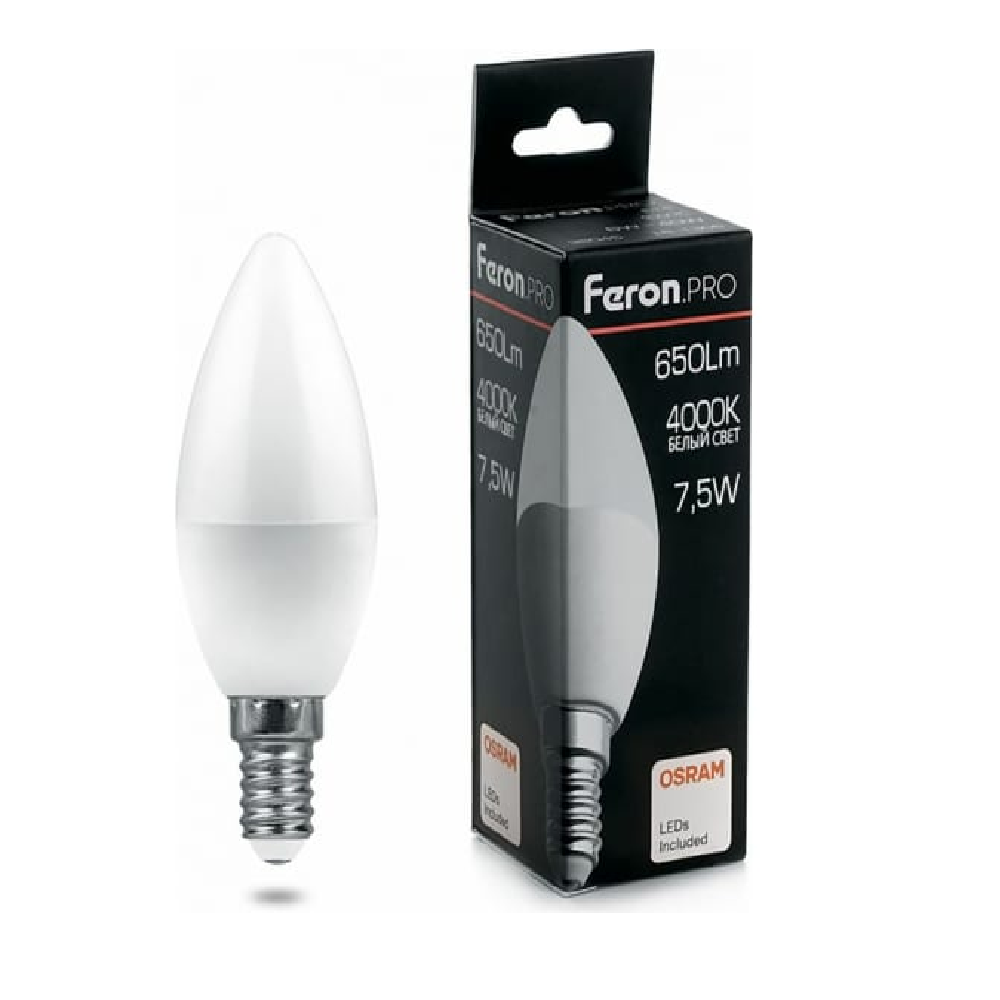 Feron.PRO Лампа св/д свеча C37 E27 6W 475lm 4000K 4K матовый 100x37 OSRAM LED