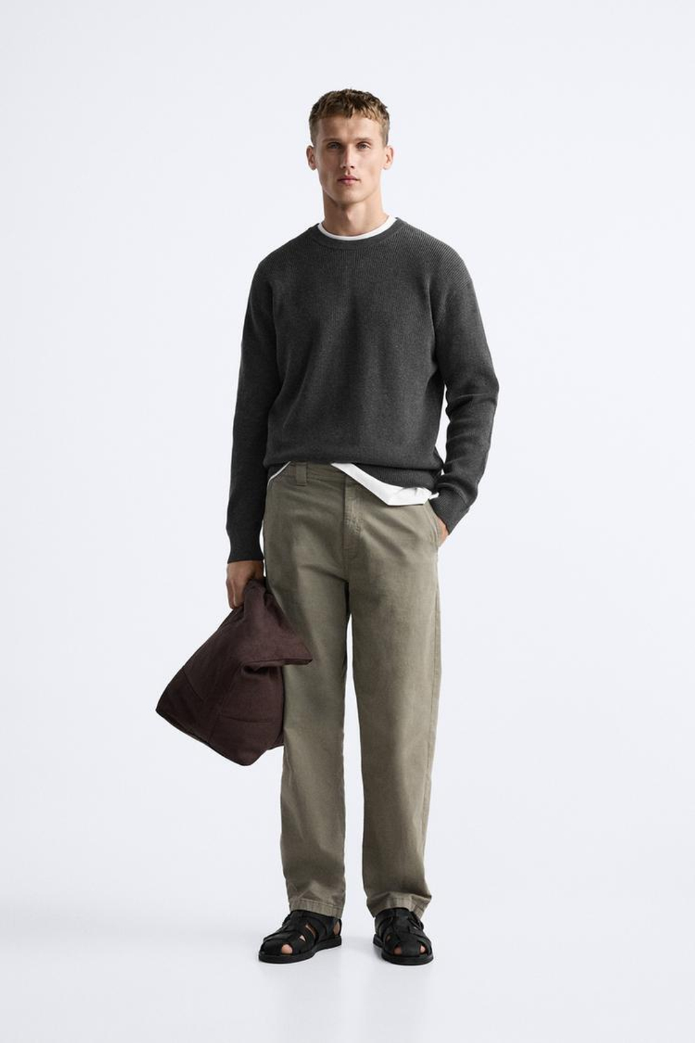 ZARA СВИТЕР ЖЕМЧУЖНОЙ ВЯЗКИ, АНТРАЦИТОВО-СЕРЫЙ