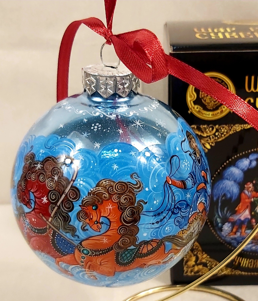 Коллекционный елочный шар с росписью Палех "Тройка" в коробке