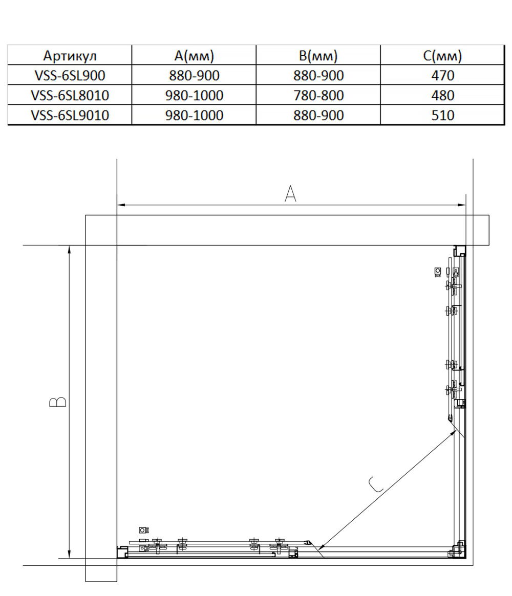 Душевой уголок Slim 8mm VSS-6SL9010CLB, 1000*900, черный, стекло прозрачное