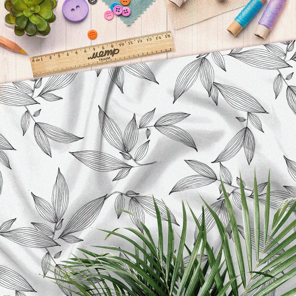 Ткань сатин серые выразительные листья