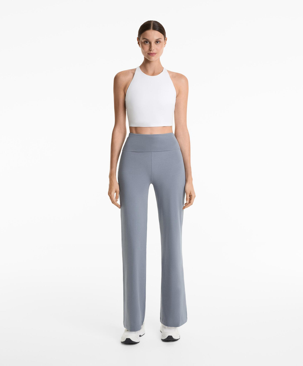 OYSHO Расклешенные брюки из хлопковой смеси с отворотом на талии, серо-синий