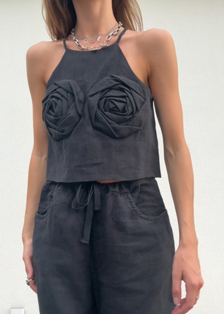 Топ черный изо льна с бутонами