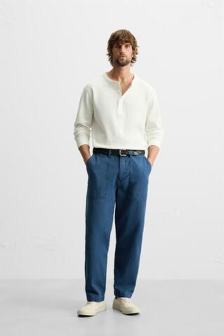 ZARA БРЮКИ REGULAR FIT ИЗ ТКАНИ С ЭФФЕКТОМ ПОТЕРТОСТИ, СИНИЙ