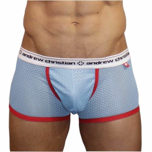 Мужские трусы хипсы голубые в сетку Andrew Christian Sports Mesh Boxer Sky Blue