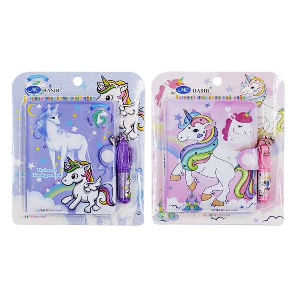 Блокнот детский Basir на кнопке, с ручкой, формат А7, серия "Единорог", переплет ПВХ, 10.5*8 см, 48 листов, ассорти
