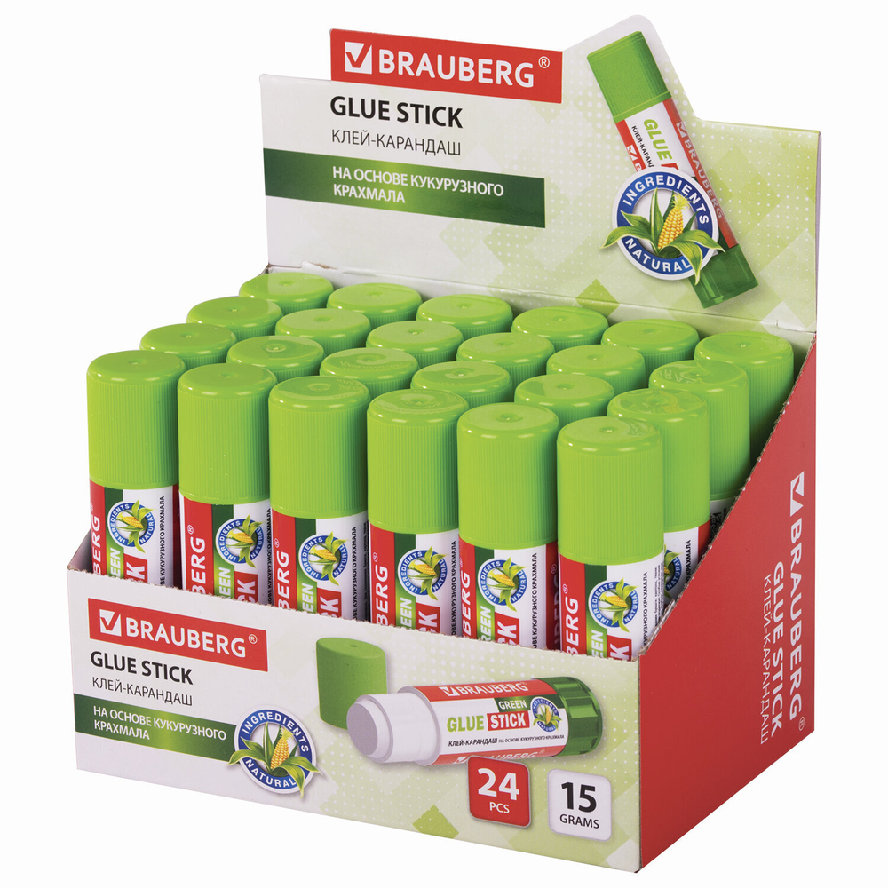 Клей-карандаш на натуральной основе BRAUBERG GREEN 15 г (24 штуки в упаковке)