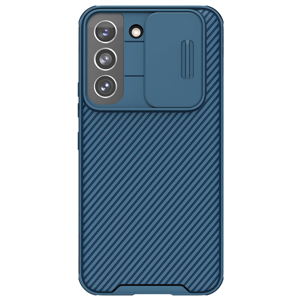 Чехол синего цвета усиленный для смартфона Samsung Galaxy S22 от Nillkin, серия CamShield Pro Case, с сдвижной крышкой для камеры