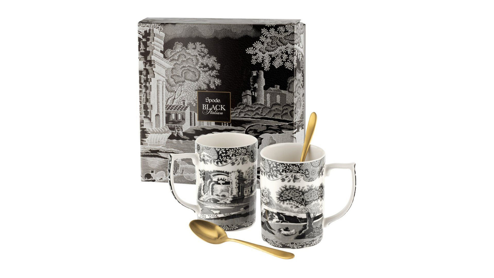 Набор кружек 2шт 340мл с чайными ложками Spode Черная Италия лимитированный выпуск