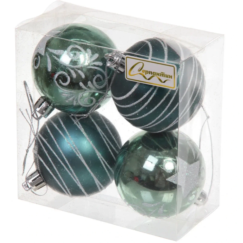 Новогодние шары 6 см (набор 4 шт) «Снежная дымка», Темный нефрит