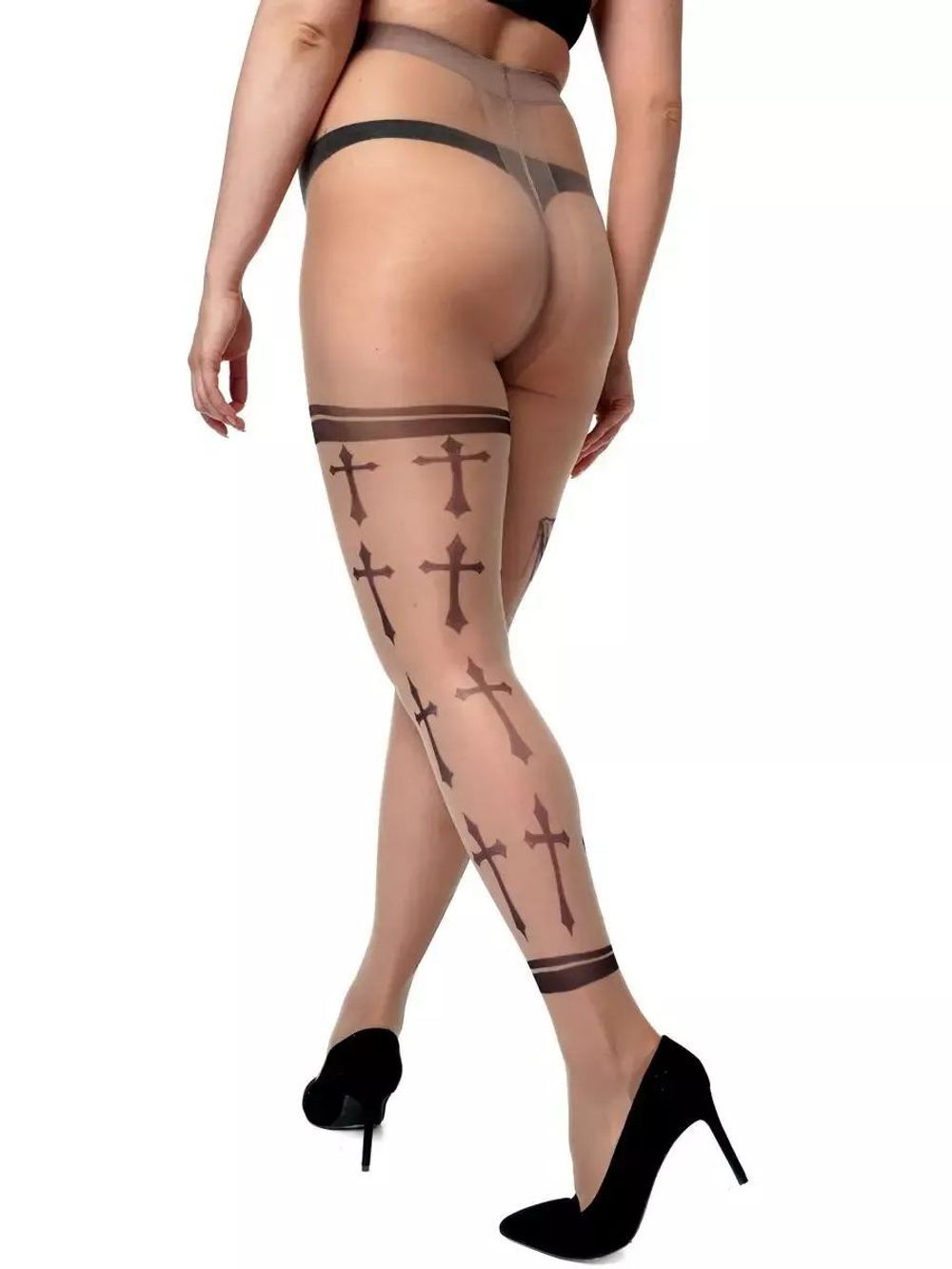 Колготки +size с принтом в виде смерти и крестов (Размер: XL-XXL-XXXL) (Цвет: бежевый)