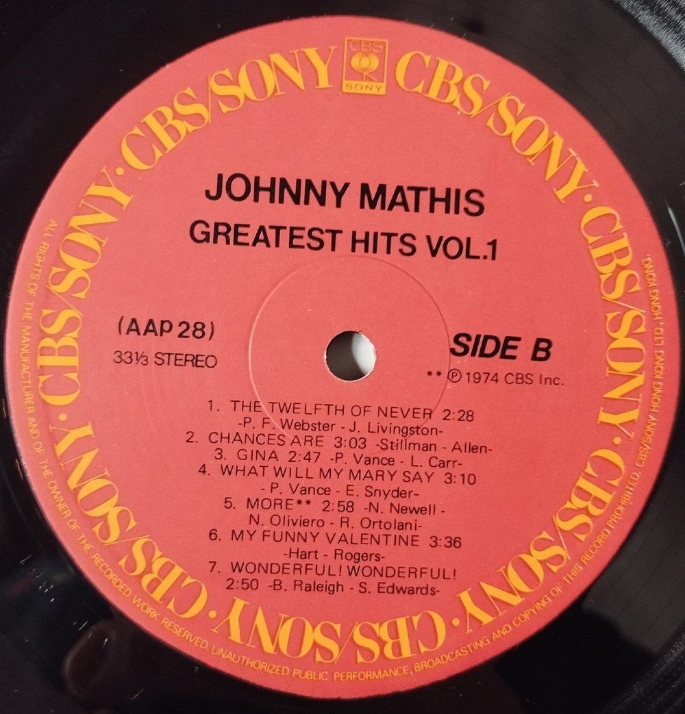 Винтажная виниловая пластинка LP Johnny Mathis Greatest Hits Vol. 1 (Hong Kong 1974)