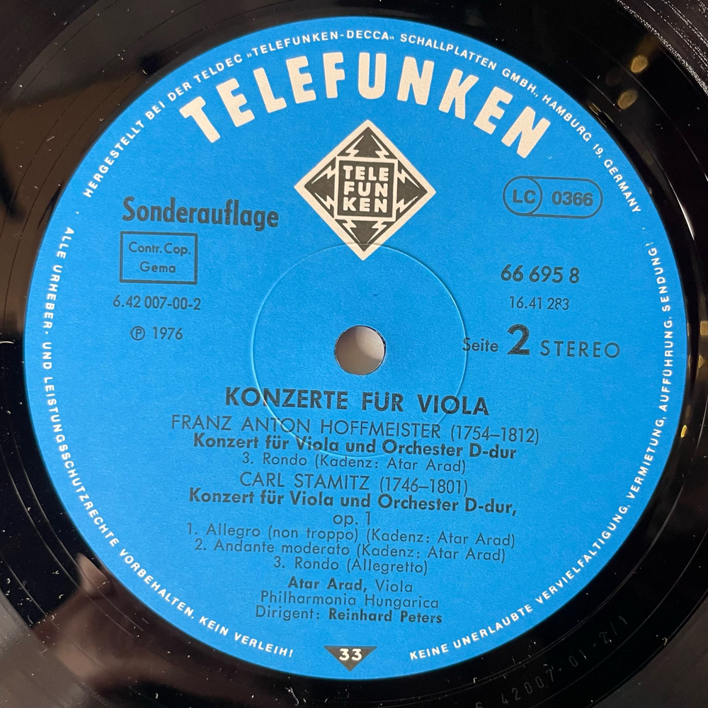 Винтажная виниловая пластинка LP Сборник Классической Музыки, Paganini, Stamitz, Hoffmeister, Atar Arad, Reinhard Peters, Konzerte Fur Viola Концерты для Скрипки (Германия 1976)