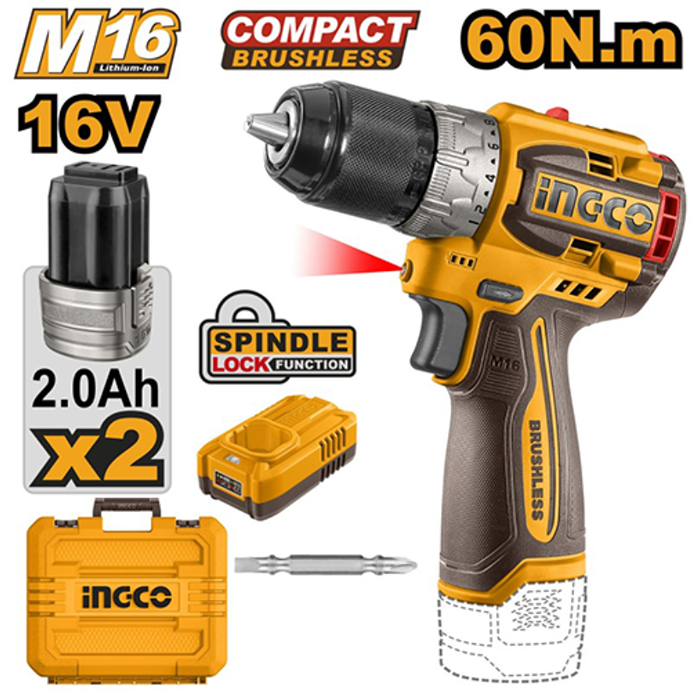 Аккумуляторный бесщеточный шуруповерт INGCO CDLI16682 INDUSTRIAL 16 В 60 Нм 22+1