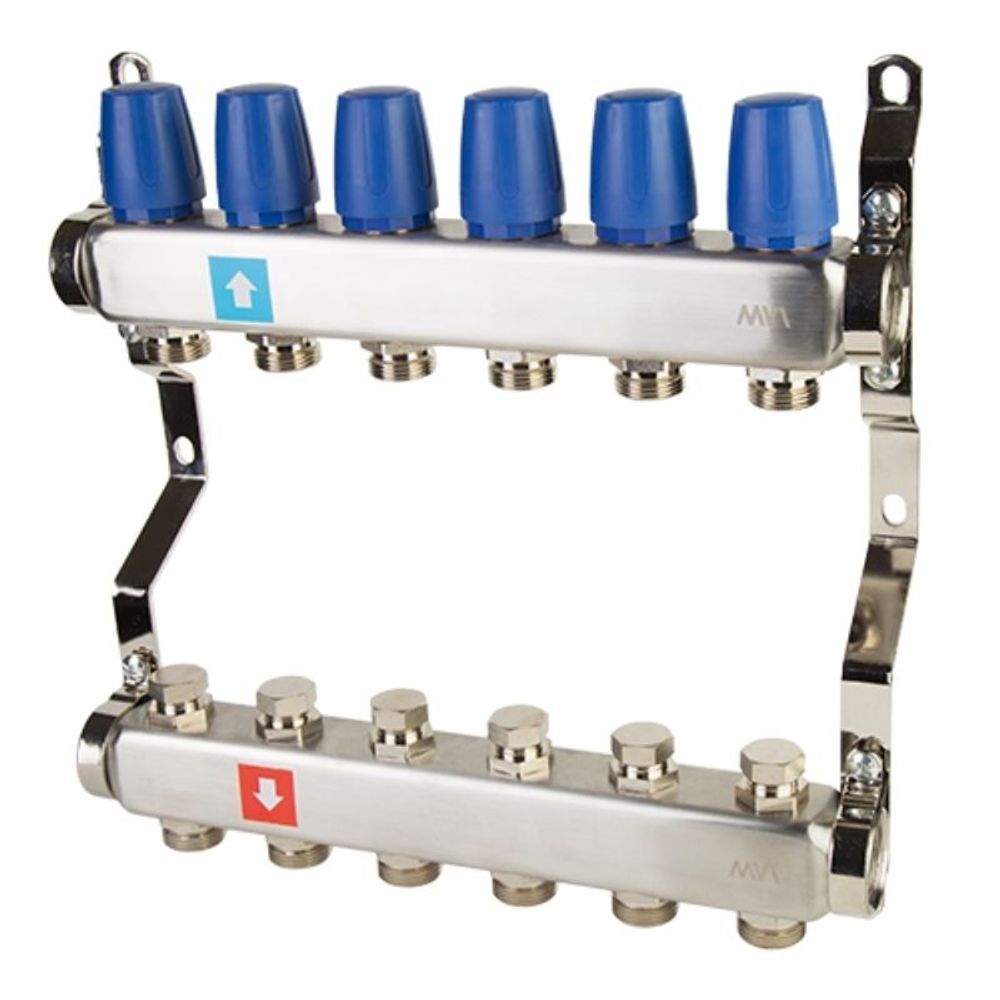 Блок коллекторный MVI из нержавеющей стали DN 25-6 выходов G 3/4, без расходомеров, без дренажного крана и воздухоотводчика, евроконус, MS.406.06
