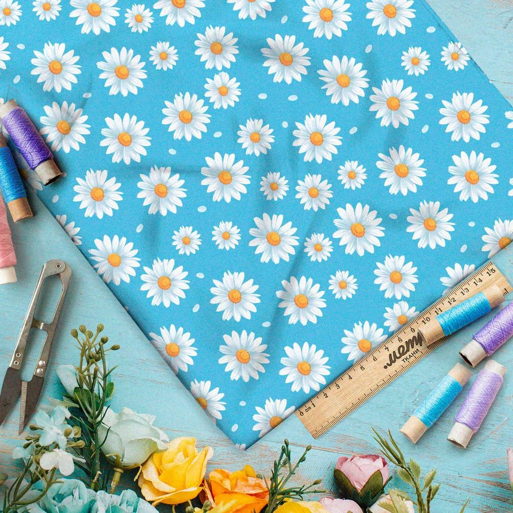 Ткань премиум шифон ромашки на голубом