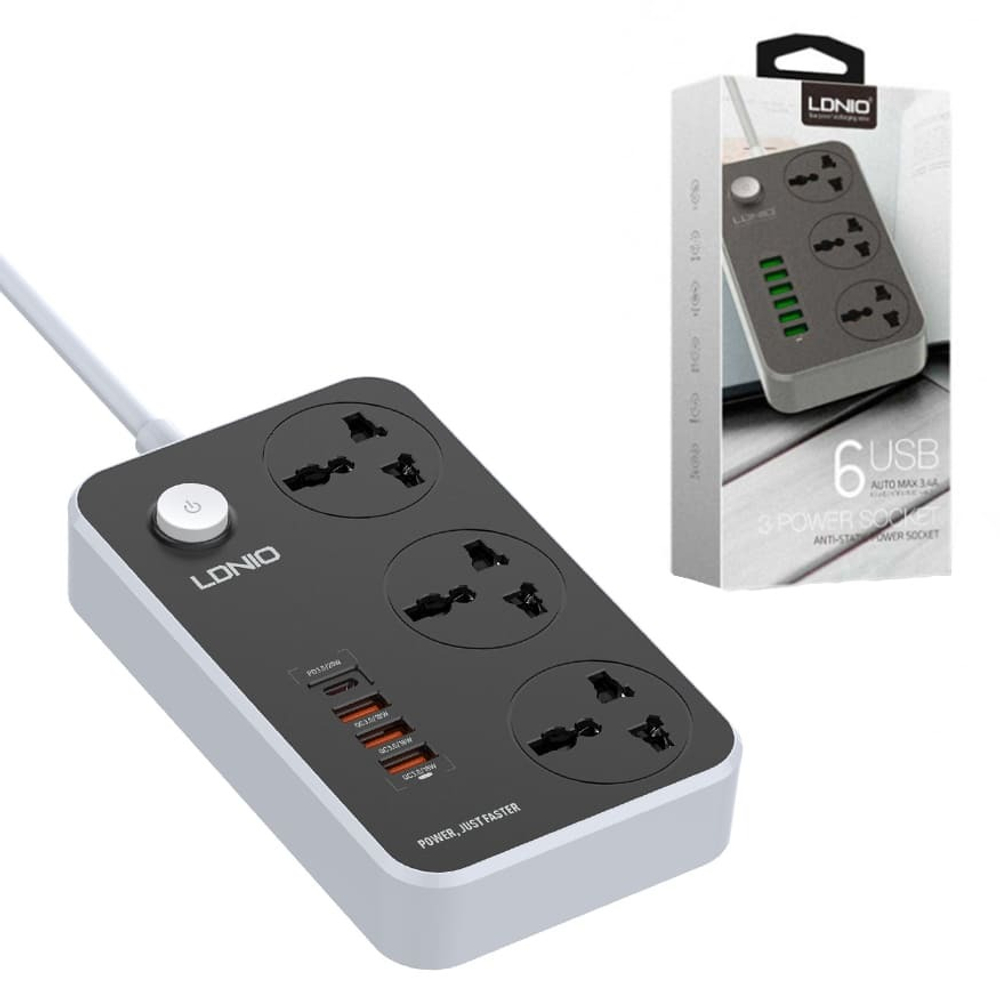 Сетевой фильтр LDNIO SE3604, 3 розетки + 6 USB 3.4A (черный)