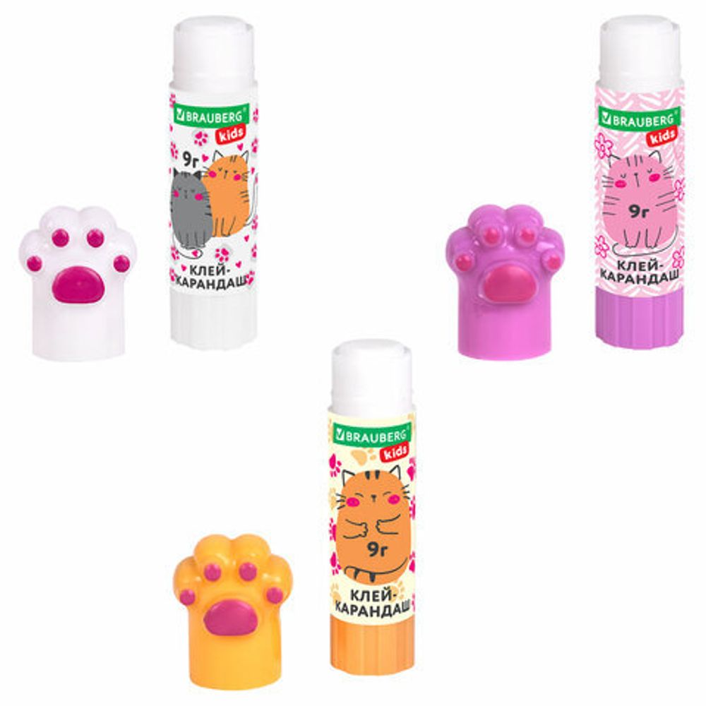 Клей-карандаш "Лапки" Cat Paw, 9 г, фигурный колпачок, 3 шт. на блистере, BRAUBERG KIDS, 271982