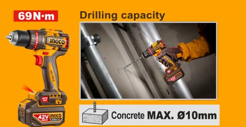 Аккумуляторный бесщёточный ударный шуруповерт INGCO CIDLI426981 INDUSTRIAL 42 В 69 Нм